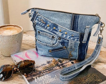Denim Wristlet Clutch Upcycled Jeans, Patchwork Blue Jean Pouch, Handmade Zipper Bag, Small Evening Purse with Key Clip