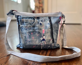 Handbag Repurposed from Color Splashed Denim, Zipper Closing, Small Size Purse, Comfortable Denim Straps, All Reused Materials, Sustainable