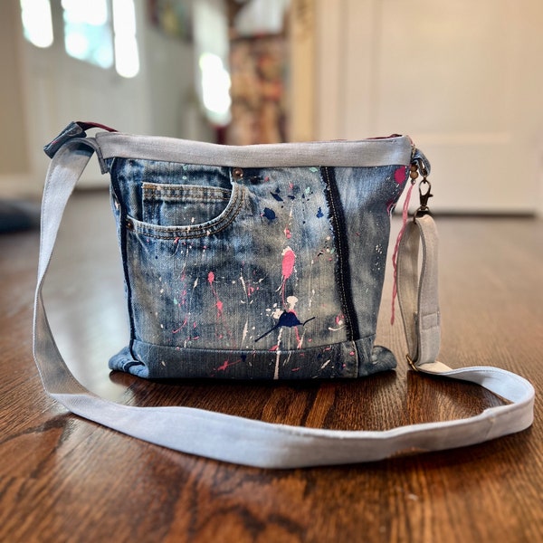 Handbag Repurposed from Color Splashed Denim, Zipper Closing, Small Size Purse, Comfortable Denim Straps, All Reused Materials, Sustainable