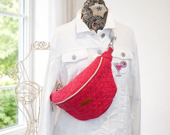Pink Crossbody Fanny Pack – Handmade Quilted Sling Bag, Adjustable Strap, Boho Belt Bag for Travel & Everyday