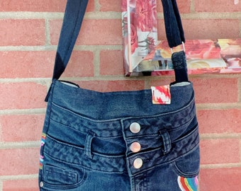 Handbag in Medium Size, Repurposed Materials, Sustainable Dark Blue Denim, Many pockets from the actual jean, Fully lined with many pockets