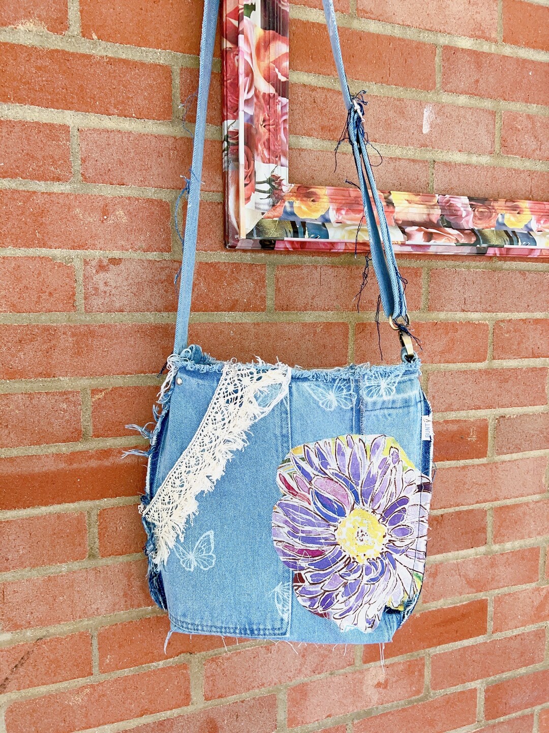 Purse in Boho Style, Light Blue Denim Bag, Recycled Jean, Lace & Fabric