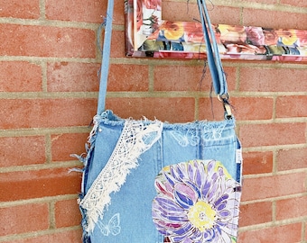 Purse in Boho Style, Light Blue Denim Bag, Recycled Jean, With Lace and Appliqué, Comfortable and Adjustable Strap, All Reused Materials