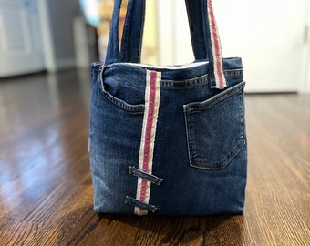 Handbag with Red & White Accents, Recycled Blue Denim,Sustainable Fashion w Abundant Pockets for Stylish Organization, Boho Stripes Eco-Chic