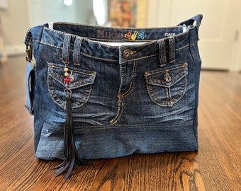 Bag, Artisan Blue Elegance w Faux Leather & Denim, Upcycled Jeans, Sustainable Shopper, Medium Size, Many Pockets - Handmade with Zero Waste