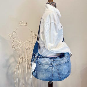 Hobo Denim Crossbody Bag, Distressed Upcycled Denim Purse, Medium Size Shoulder Bag, Eco-Friendly Denim Purse, Boho Style Fashion