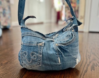 Hobo Denim Handbag from Distressed Jeans, Many Pockets, Zipper Closing, Comfortable, Adjustable Strap, Upcycled, No Waste, by CreativeBarnUS