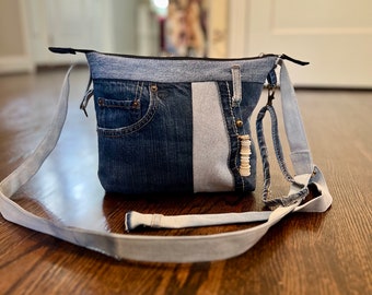 Patchwork Denim Purse, Small Size, 3 Slide-In Outside Pockets, Zipper Closing, Adjustable Very Comfortable Denim Strap, Full Lining,No Waste