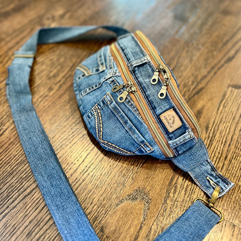 Small Denim Sling Bag, Sustainable From Distressed Jeans, Jordache label, 2 Slide-in Pockets, 2 Two-Way Zipper Pockets and Inside Pocket zdjęcie 4