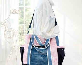 Patchwork Denim Tote Bag: Upcycled Jean Purse with Pockets, Denim Handbag, Handmade Shopper