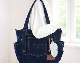 Upcycled Indigo Denim Tote Bag from quality Ralph Lauren jean, Pockets, Handmade Jean Purse, Zipper Closure, Sustainable Everyday Carry Bag