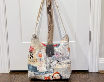 Unique Handbag with Vintage Print, Black Denim, Fringes - Fun Features from All Used Fabric, Creating No Waste, Boho Vintage Vibes: