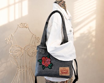 Upcycled Levi’s Denim Tote Bag, Grey Jean Purse with Sequin Flowers, Handmade Recycled Denim Handbag, Crossbody Shoulder Bag, Sustainable