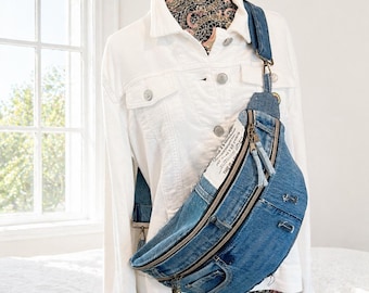 Levi’s Denim Sling Bag Medium Size – Handmade Reworked Jean Fanny Pack, Crossbody Belt Bag, Distressed Blue Jean Purse with Floral Lining