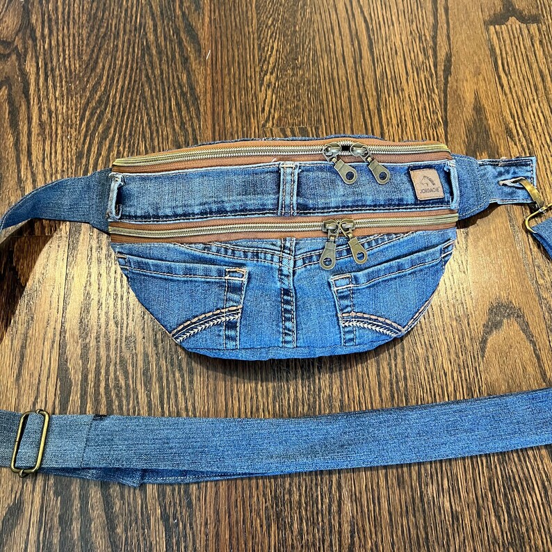Small Denim Sling Bag, Sustainable From Distressed Jeans, Jordache label, 2 Slide-in Pockets, 2 Two-Way Zipper Pockets and Inside Pocket zdjęcie 3
