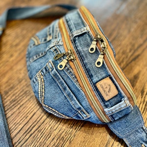 Small Denim Sling Bag, Sustainable From Distressed Jeans, Jordache label, 2 Slide-in Pockets, 2 Two-Way Zipper Pockets and Inside Pocket zdjęcie 5