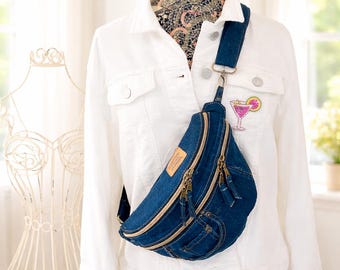 Upcycled Levi’s Denim Sling Bag – Indigo Jean Crossbody Fanny Pack – Handmade Recycled Jeans Hip Bag – Adjustable Strap Everyday Bag