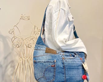 Hobo Jean Shoulder Bag, Distressed Upcycled Denim Purse, Medium Crossbody Bag, Eco-Friendly Denim Purse, Boho Style Fashion