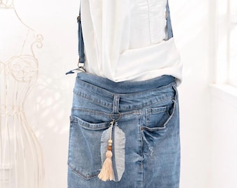 Upcycled Denim Crossbody Bag with Pockets, Recycled Jeans Purse, Boho Jean Bag, Adjustable Strap, One of a Kind Sustainable Handbag