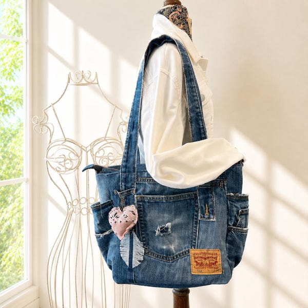 Borsa tote in denim Levi's, borsa a tracolla in jeans riciclati, borsa fatta a mano
