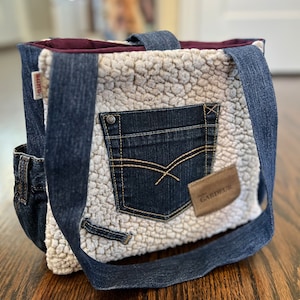 Jean Handbag, Denim Purse, Upcycled Denim/Fleece Bag, Mini Denim Shopper, Jean Pouch, Vintage Denim Bag, Denim Handbag