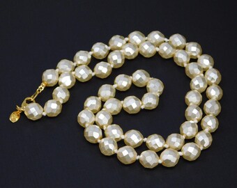 Vintage JOAN RIVERS Cream Hand Knotted Faceted Faux Pearl Glass Bead Necklace