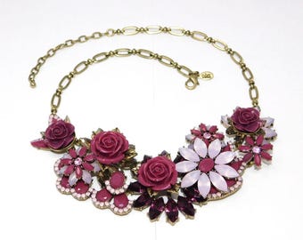 Vintage JOAN RIVERS Pink Burgundy Jeweled Garden Floral Bib Statement Necklace