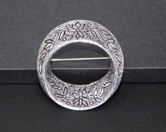 Vintage EMMONS Silver Tone Embossed Floral Round Open Center Brooch