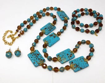 Vintage JOAN RIVERS Faux Turquoise & Amber Glass Necklace Bracelet Earrings Set