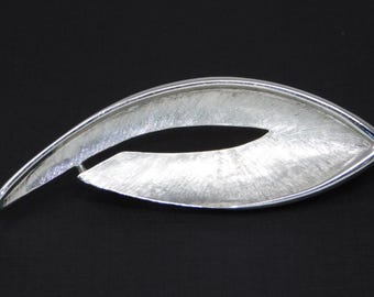 Vintage TRIFARI Brushed Silver Tone Abstract Open Center Leaf Brooch