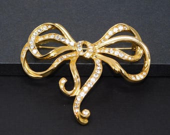 Vintage TRIFARI Large Gold Tone & Rhinestone Bow Brooch