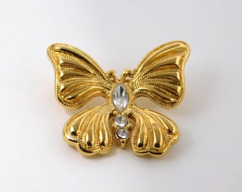 Vintage MONET Small Ribbed Gold Tone & Rhinestone Butterfly Brooch
