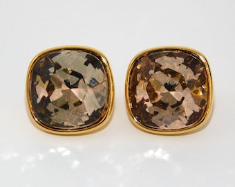 Vintage JOAN RIVERS Square Simulated Champagne Crystal Glass Clip Earrings