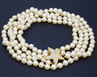 Vintage JOAN RIVERS Multi Strand Simulated Pearl Pave Star Necklace
