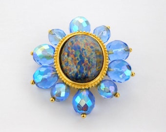 Vintage JOAN RIVERS Faux Opal Confetti Glass Cabochon AB Oval Brooch