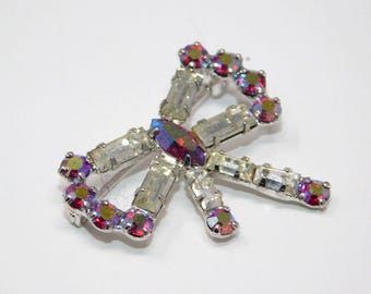 Vintage Signed B DAVID Small Silver Tone & AB Rhinestone Bow Brooch