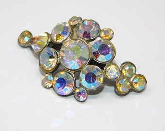 Vintage Silver Tone & Sparkly AB Rhinestone Curved Cluster Brooch