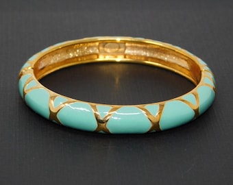 Vintage JOAN RIVERS Turquoise Enamel & Gold Tone Hinged Clamper Bangle Bracelet