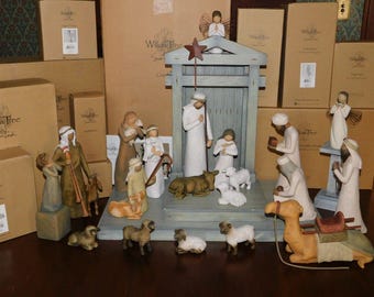 Gran Belén Willow Tree con cajas originales, soporte para ángeles, animales del pesebre +