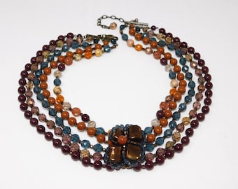 Collar vintage JOAN RIVERS de cuentas checas en tonos tierra otoñales, de varias hebras, de 43 cm (17 pulgadas), con bolsa.