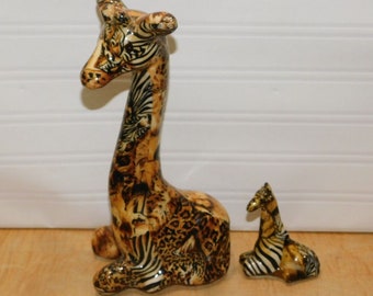African Safari Animals Jungle Patchwork Glazed Giraffe & Baby Figurine