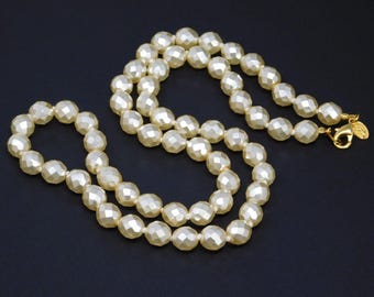 Vintage JOAN RIVERS Cream Hand Knotted Faceted Faux Pearl Glass Bead Necklace