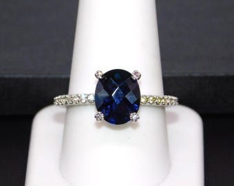 Anillo solitario de moda para mujer Vintage NV azul con diamantes de imitación transparentes, talla 10