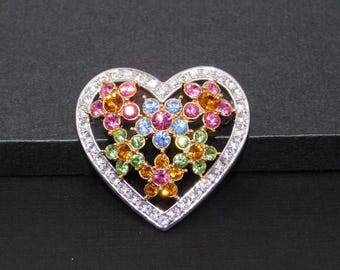 Vintage JOAN RIVERS Heart Shaped Floral Pastel Rhinestone Pave Cluster Brooch