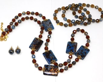 Vintage JOAN RIVERS Faux Lapis & Amber Glass Necklace Bracelet Earrings Set