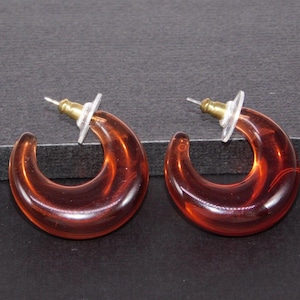 Vintage JOAN RIVERS Brown Lucite Crescent Moon Chunky Open Hoop Post Earrings
