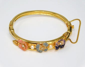 Vintage JOAN RIVERS Pansy Flower Enamel Pearl Rhinestone Hinged Bangle Bracelet