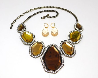 Vintage JOAN RIVERS Amber-Tone Geometric Bib Statement Necklace & Earrings Lot