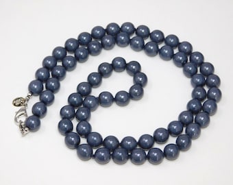 Vintage JOAN RIVERS Blue Hand Knotted 30" Faux Pearl Glass Bead Necklace