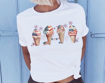 4th of July Ice Cream Shirt, America T-shirt, USA Summer Tee, Patriotic Gift, Red White and Blue Shirt, Vintage American Flag Tshirt